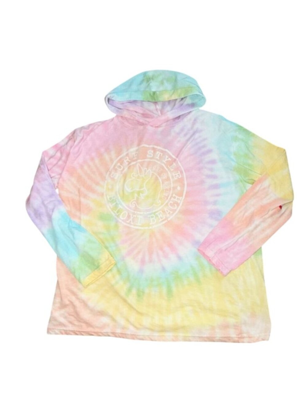 Surf Style Biloxi Beach Kids Tie Dye Hoodie Pastel Pink Yellow Unicorn Shirt-L
